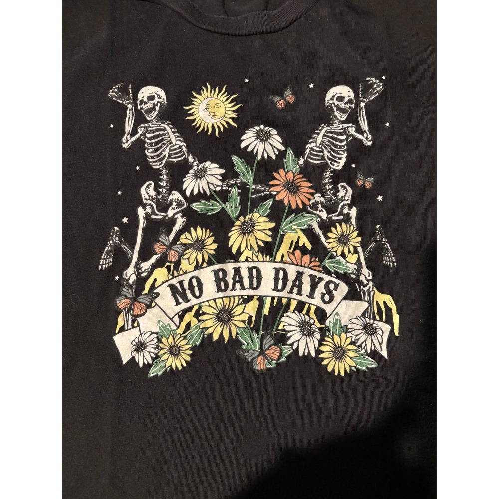 No Bad Days Skeleton Flower Graphic T-Shirt Black Short Sleeve Crew Neck